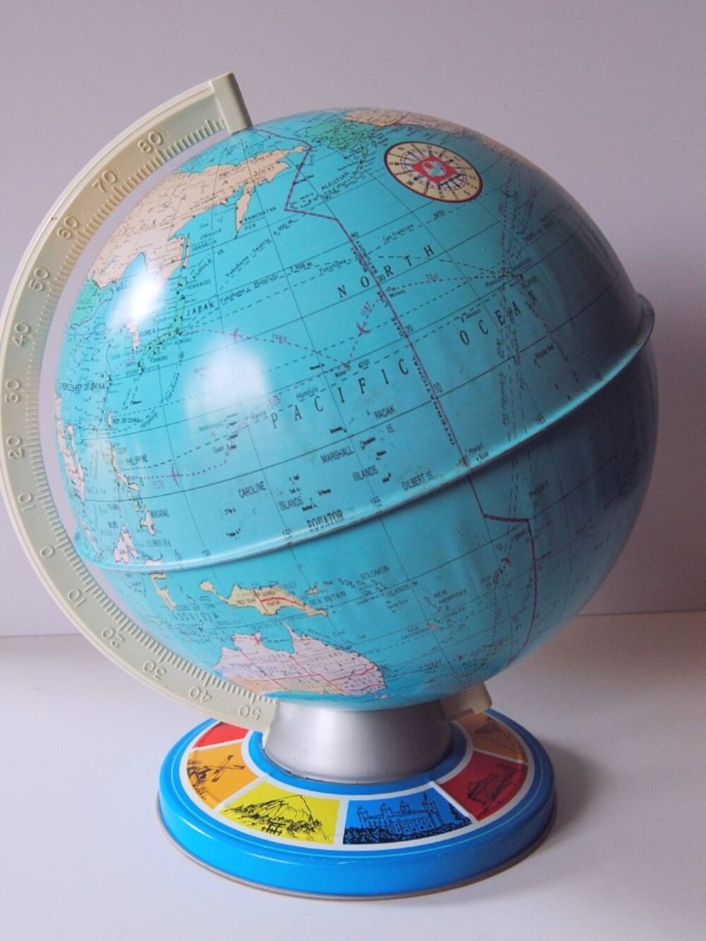 Ohio Art Tin Litho Metal World Globe Wonders of the World Base Vintage